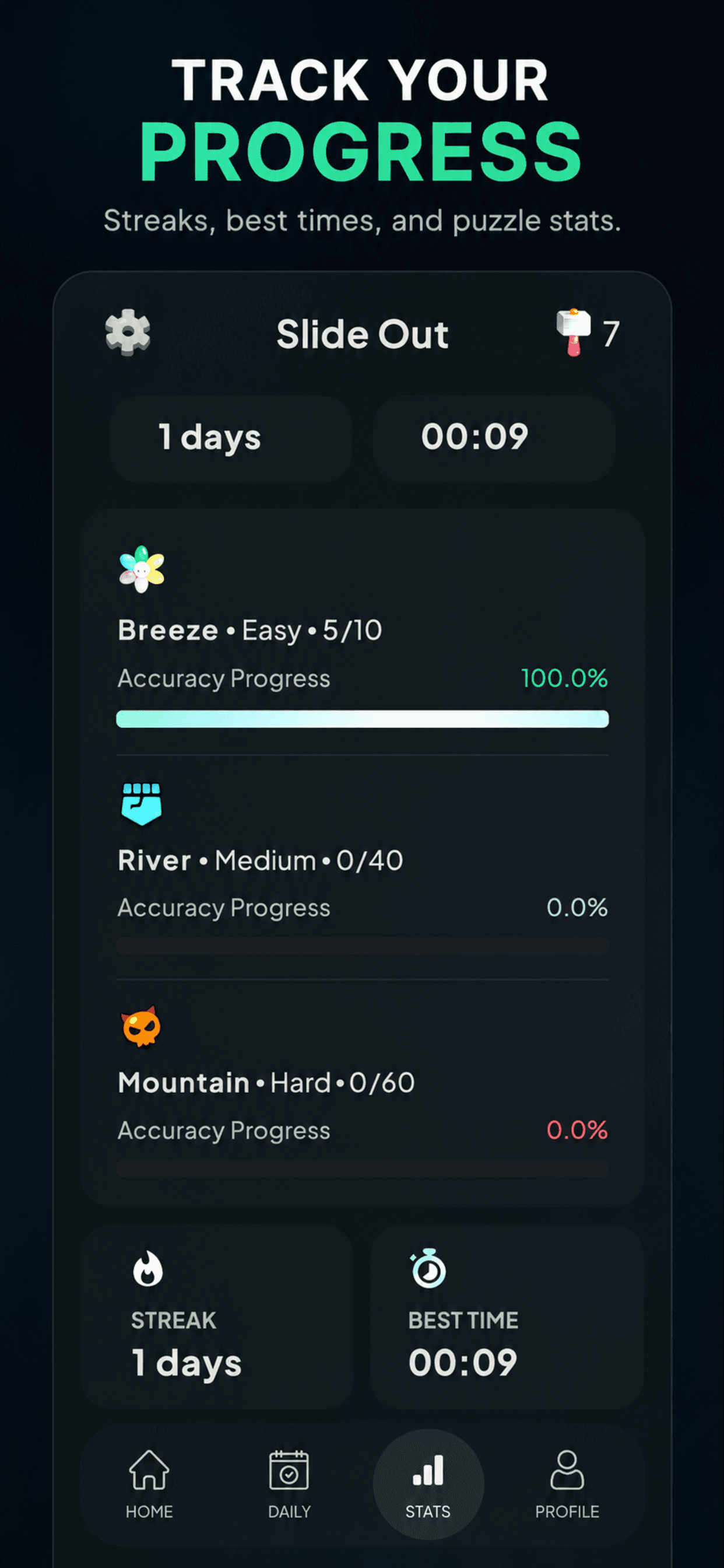 Arrow - Logic Puzzle player statistics screen